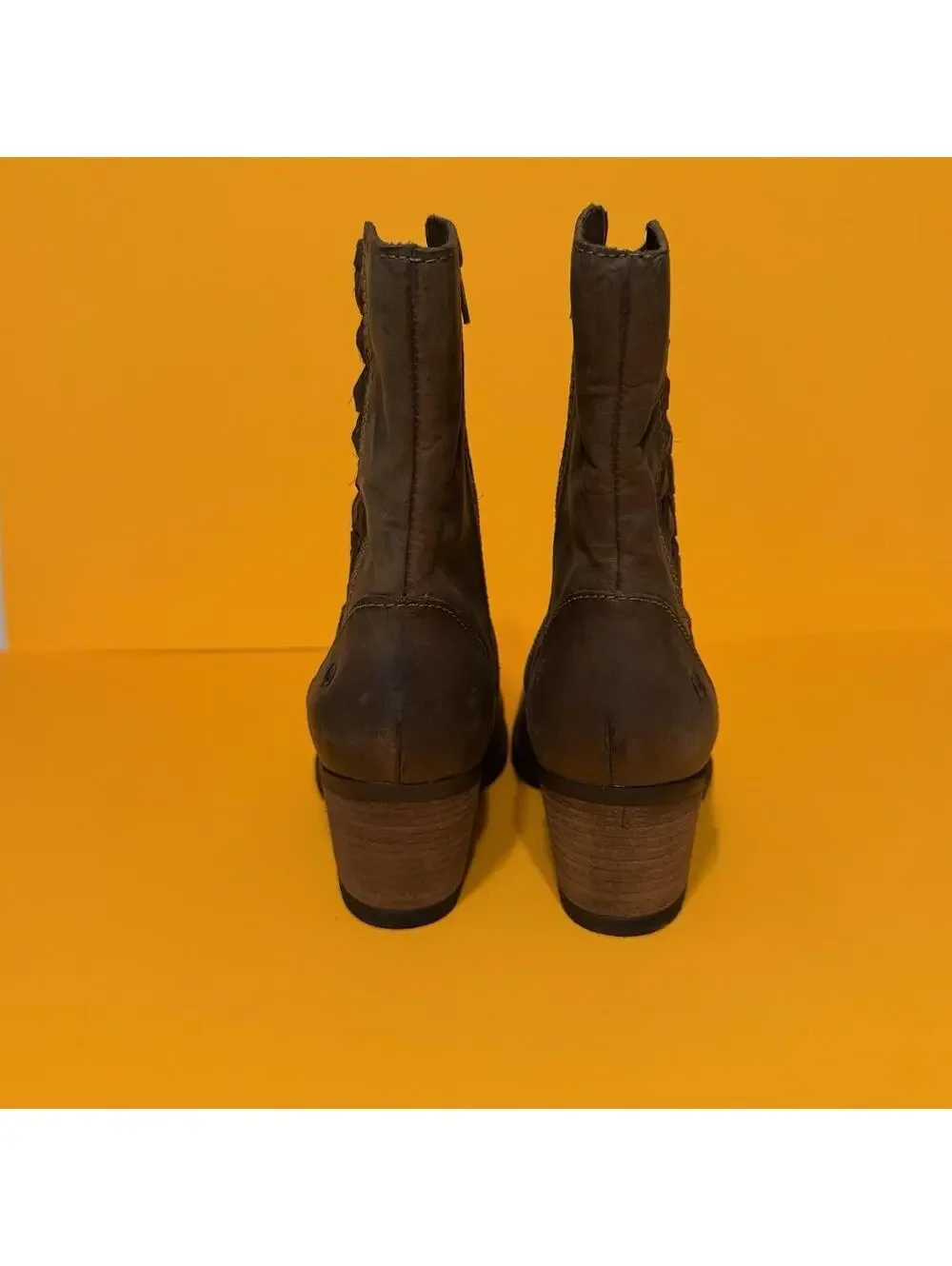 Born Orosi Brown Leather Booties Boots Braided Side Zip Heel Size Women 9